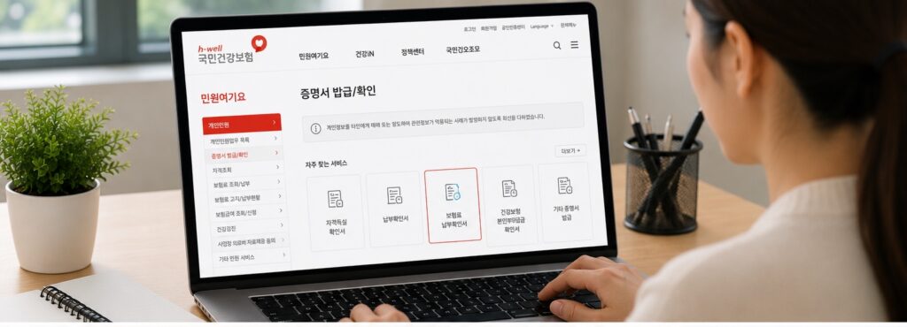 건강보험 납부확인서 발급 방법 국민건강보험공단 홈페이지 신청 화면