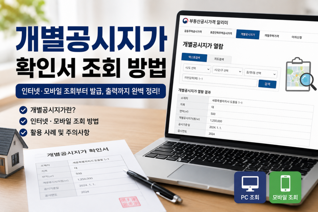 개별공시지가 확인서 조회 방법 인터넷 조회 화면