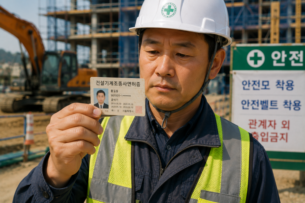 건설기계조종사면허증 재발급 방법 건설현장 근로자가 면허증을 확인하는 장면