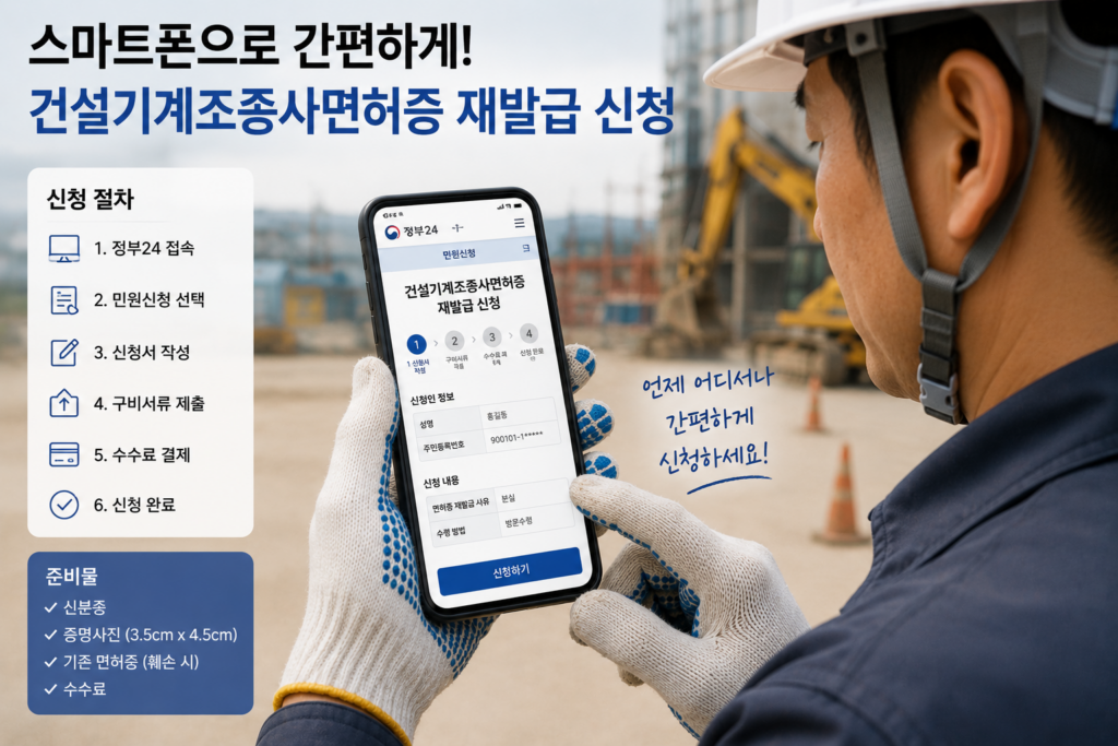 건설기계조종사면허증 재발급 방법 스마트폰으로 재발급을 신청하는 기사