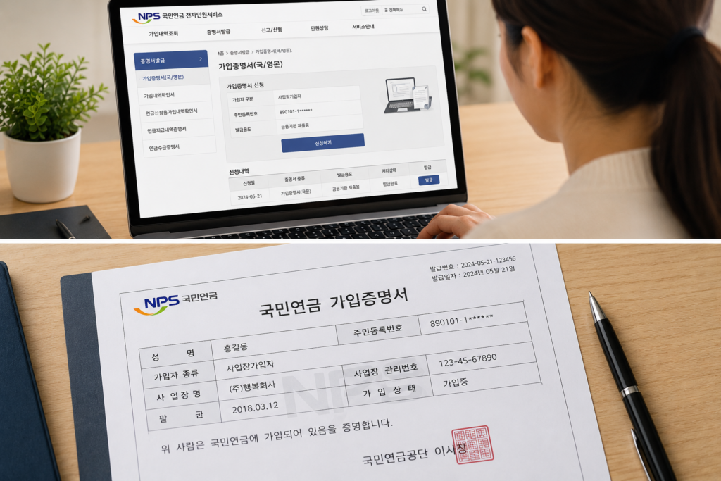 국민연금 가입증명서 발급 방법 컴퓨터로 가입증명서를 발급하는 직장인