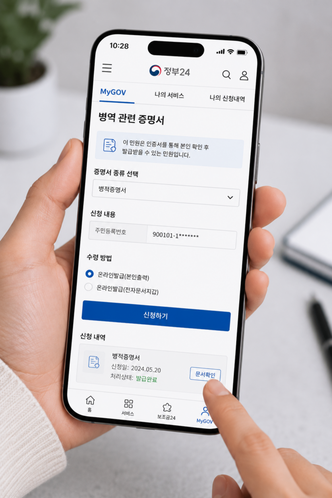 병적증명서 발급 방법 스마트폰으로 병역 관련 증명서를 조회하는 모습