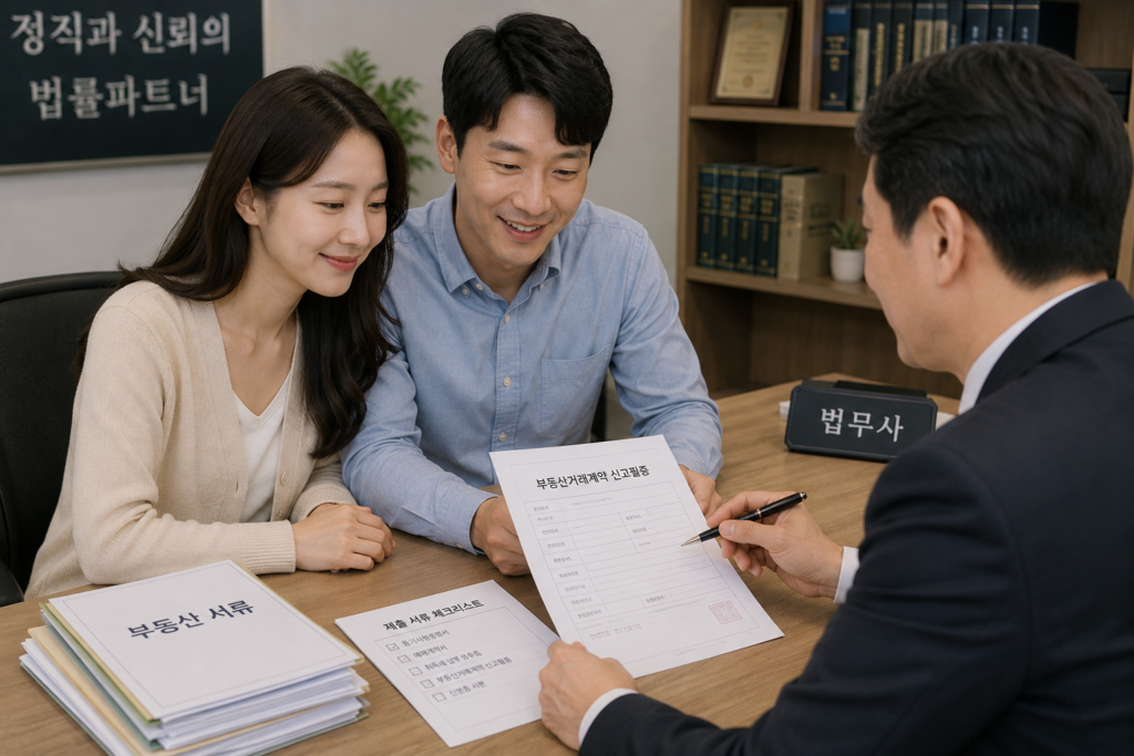 부동산거래계약 신고필증 재발급 방법 법무사 사무실에 제출 서류를 준비하는 부부