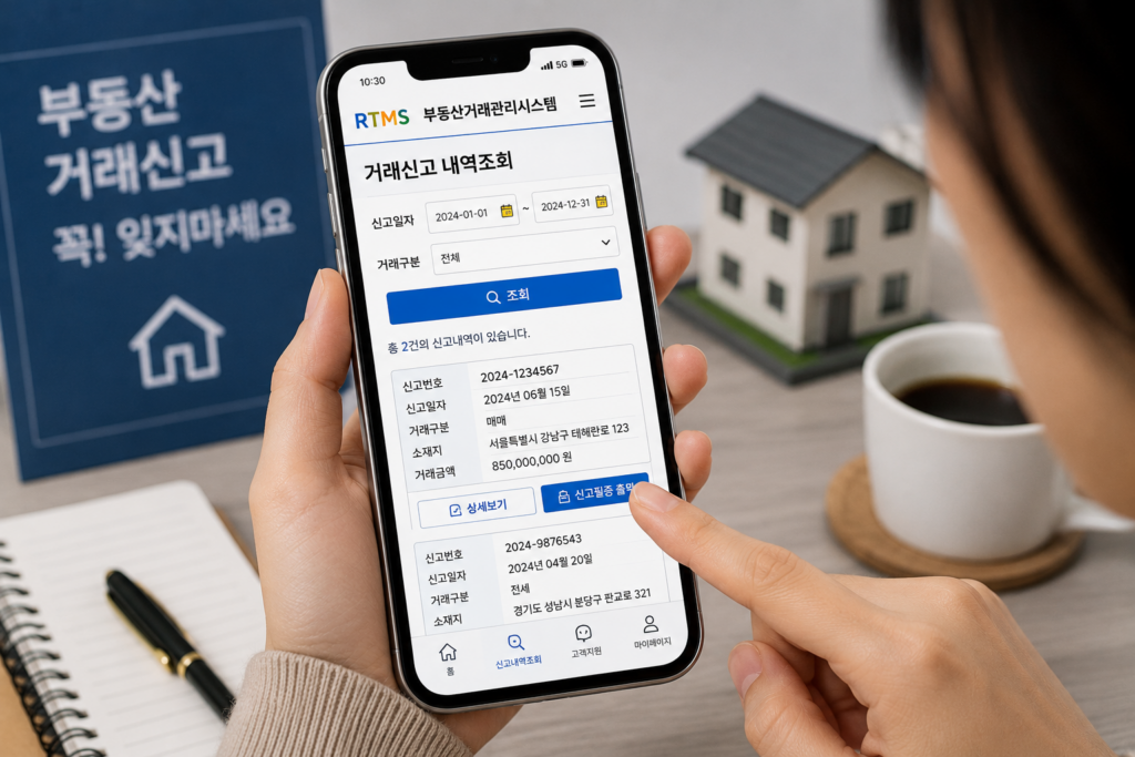 부동산거래계약 신고필증 재발급 방법 스마트폰으로 거래 신고 내역을 조회하는 모습
