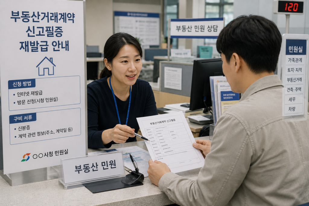 부동산거래계약 신고필증 재발급 방법 시청 민원실에서 재발급 상담을 받는 시민 이미지