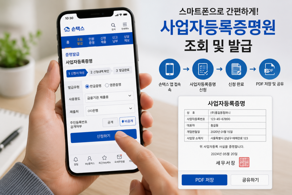 사업자등록증명원 발급 방법 스마트폰으로 사업자등록증명원을 조회하는 모습