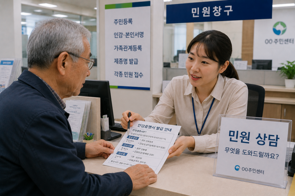 인감증명서 발급 방법 주민센터 민원창구에서 상담받는 시니어