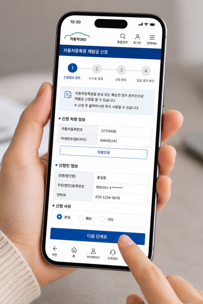 자동차등록증 재발급 방법 스마트폰으로 재발급을 신청하는 모습