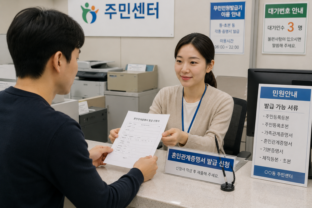 주민센터에서 혼인관계증명서 발급 신청하는 장면