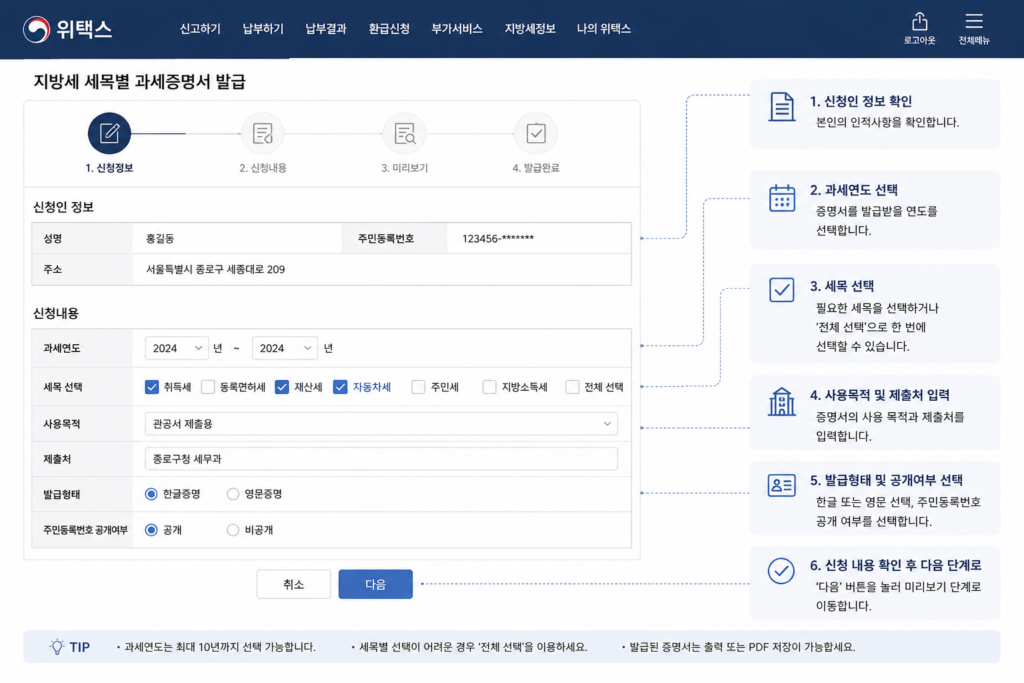 지방세 세목별 과세증명서 발급 방법 위택스 온라인 신청 화면