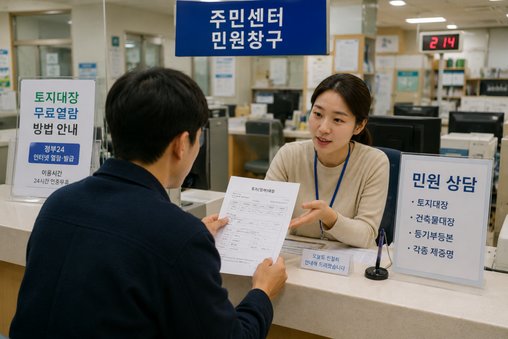 토지대장 무료열람 방법 주민센터 민원창구에서 상담받는 시민