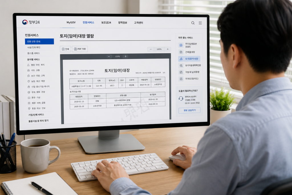 토지대장 무료열람 방법 컴퓨터로 토지대장을 확인하는 모습
