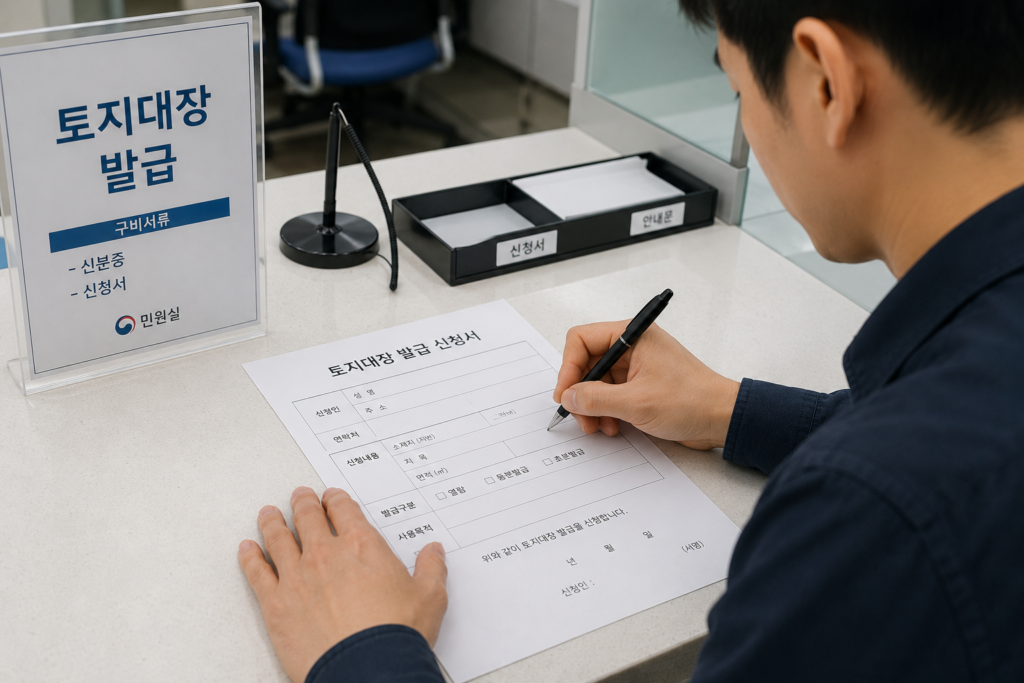 토지대장 발급 방법 토지대장 신청서를 작성하는 장면
