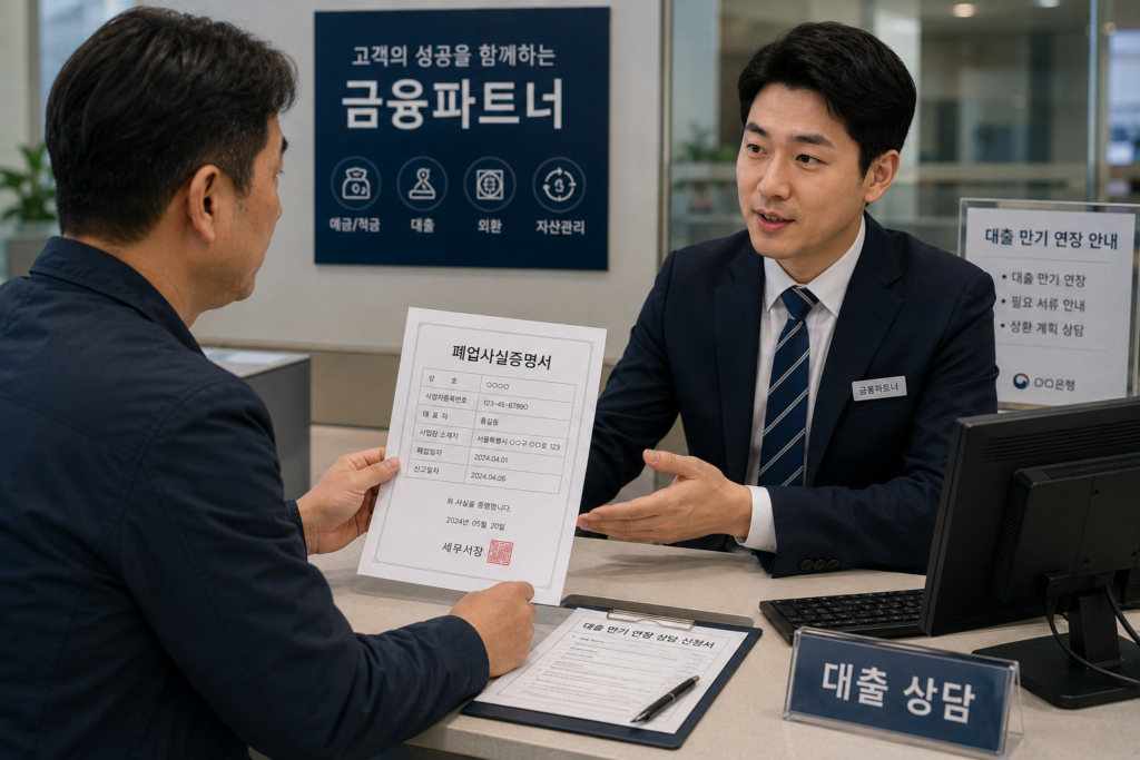 금융기관 제출용으로 폐업 후 폐업사실증명서 를 내는 대출 만기 연장을 상담하는 사람