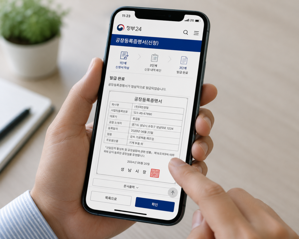 공장등록증명서 스마트폰 조회