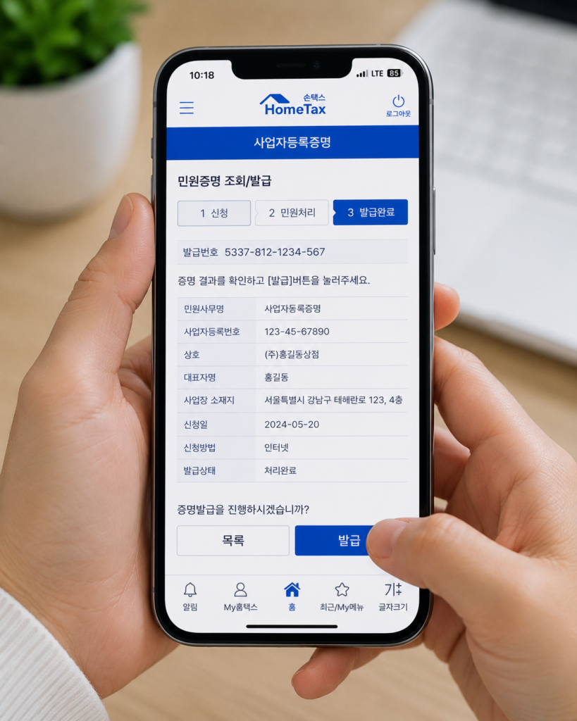 사업자등록증명 스마트폰 조회