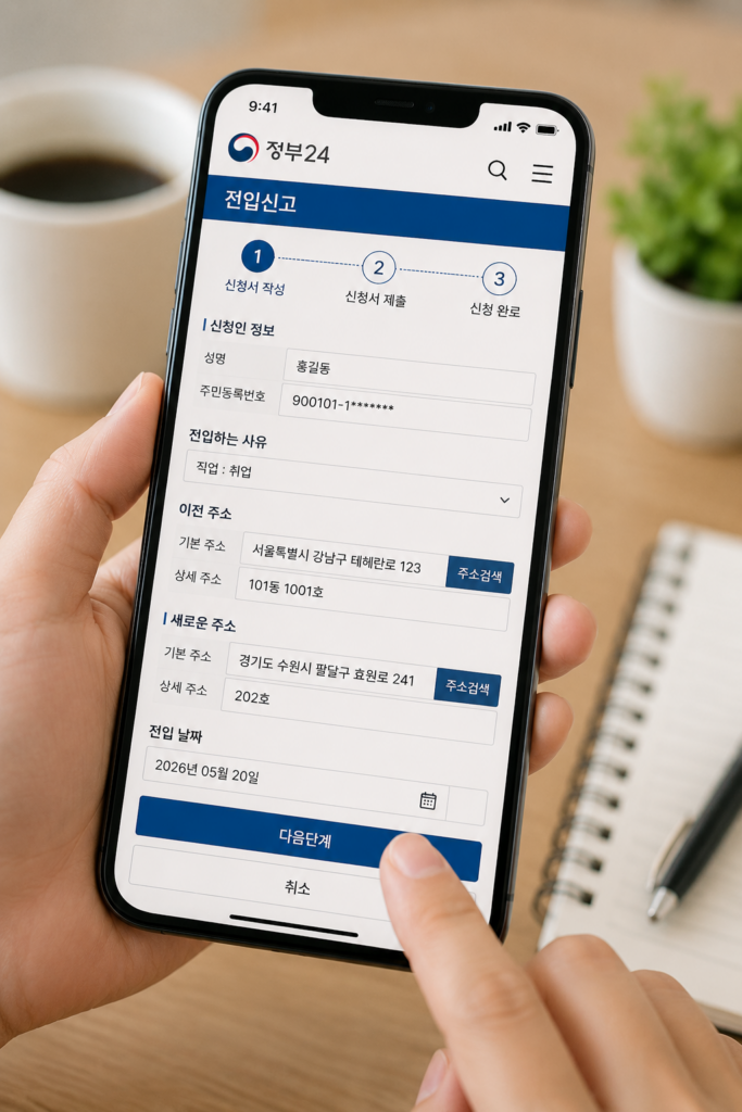 전입신고 모바일 신청 화면