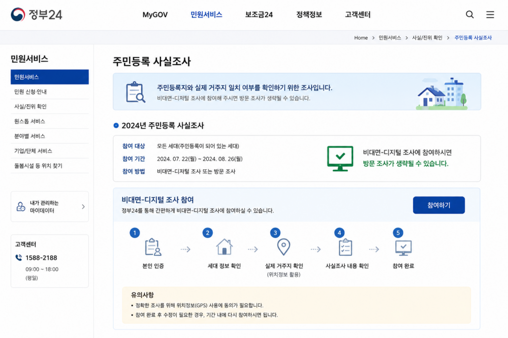 주민등록 사실조사 참여 정부24 화면