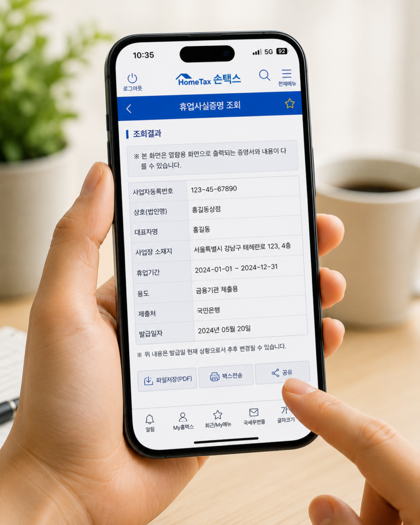 휴업사실증명 스마트폰 조회